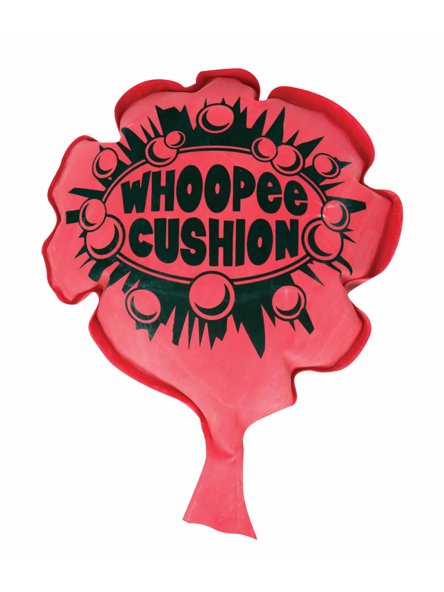 Deflated red rubber whoopee cushion with bold black printed text and bubble design