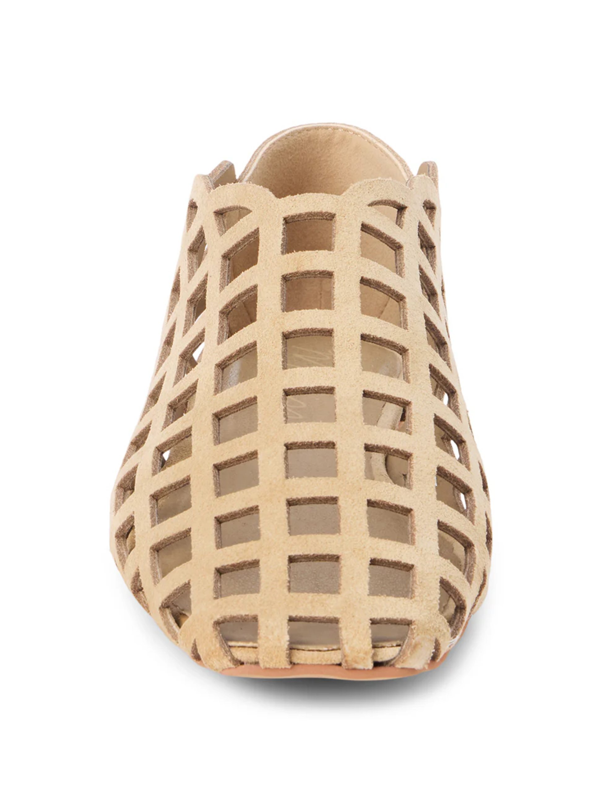 Natural beige suede flat with caged cutout grid pattern, front view