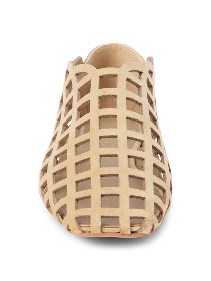 Natural beige suede flat with caged cutout grid pattern, front view