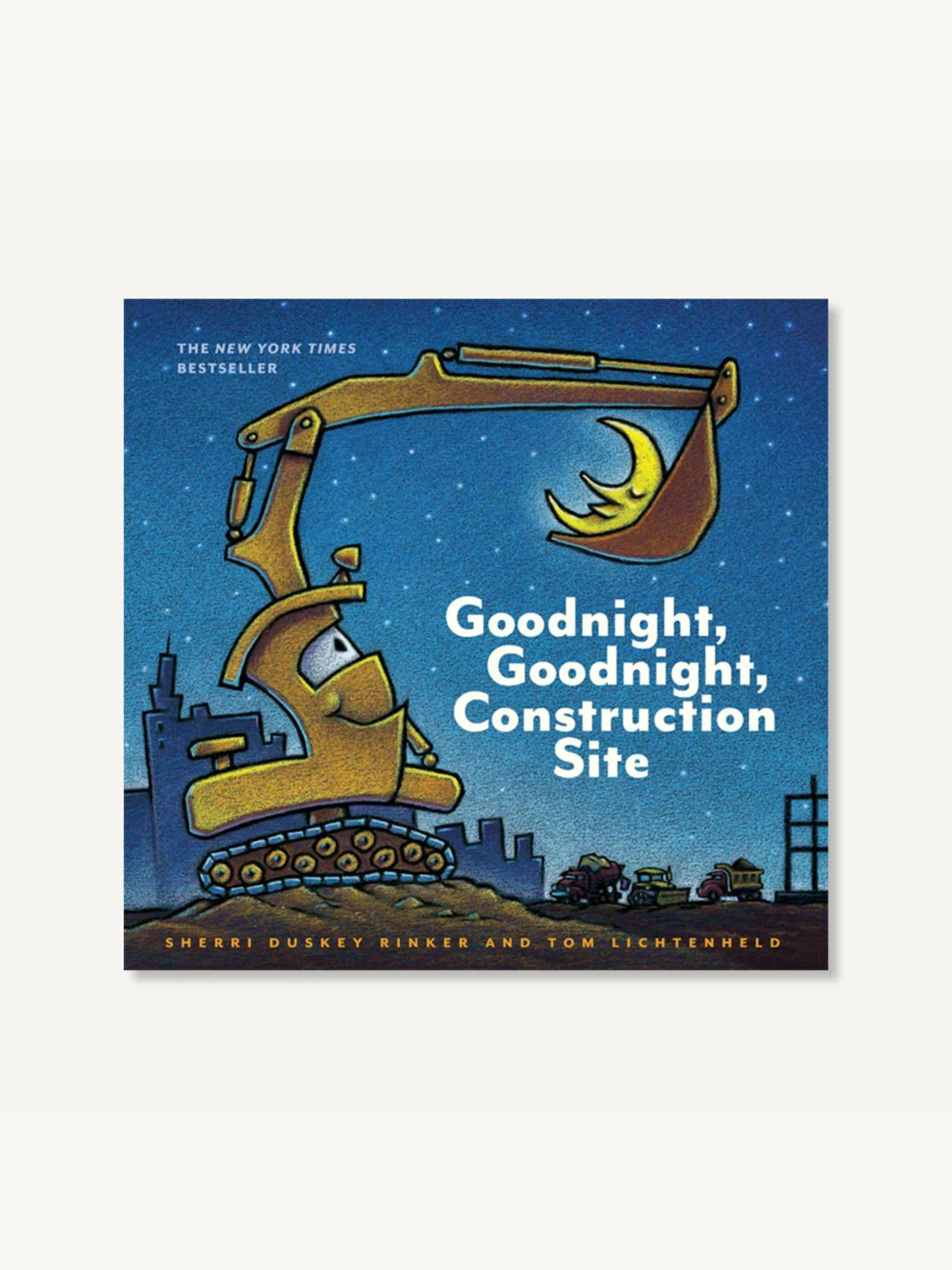Children's hardcover book with illustrated excavator scooping crescent moon on night sky cover