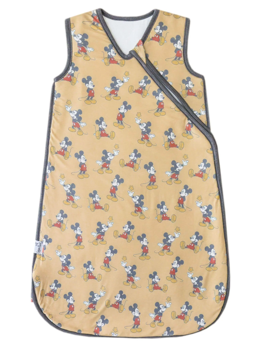 Copper Pearl baby sleep bag in tan Mickey Mouse vintage print with gray trim