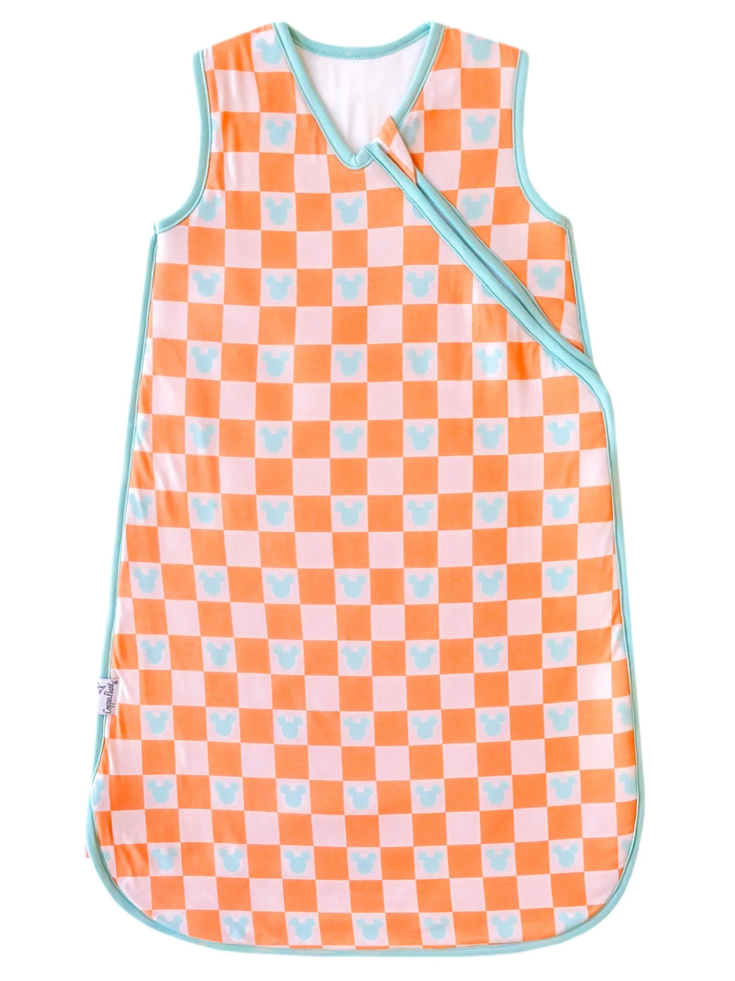 Orange checkered baby sleep bag with aqua Mickey Mouse icons and teal trim