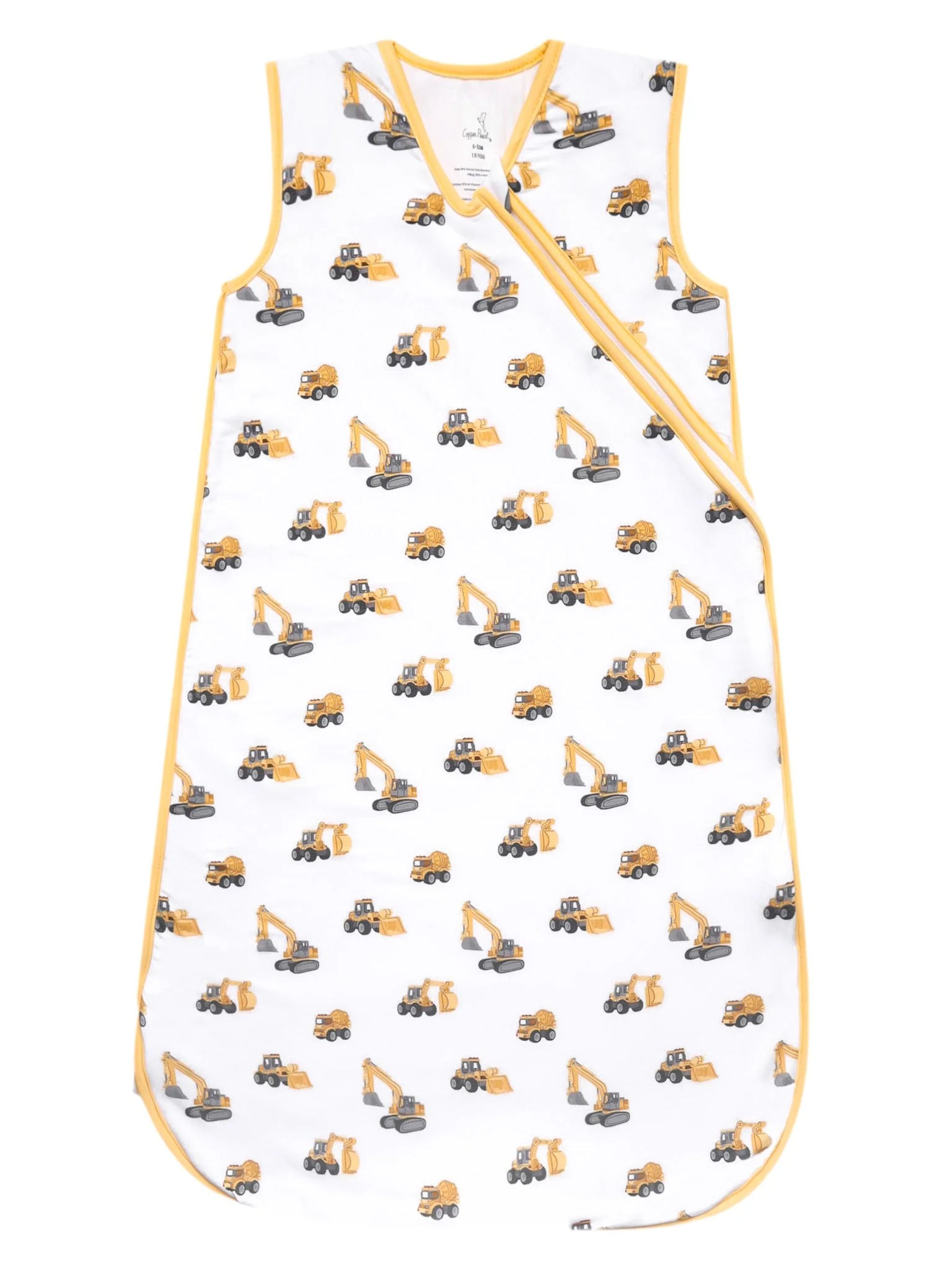 White bamboo baby sleep bag with yellow construction vehicle print and zipper