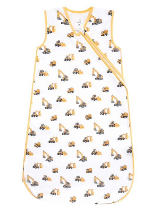 White bamboo baby sleep bag with yellow construction vehicle print and zipper