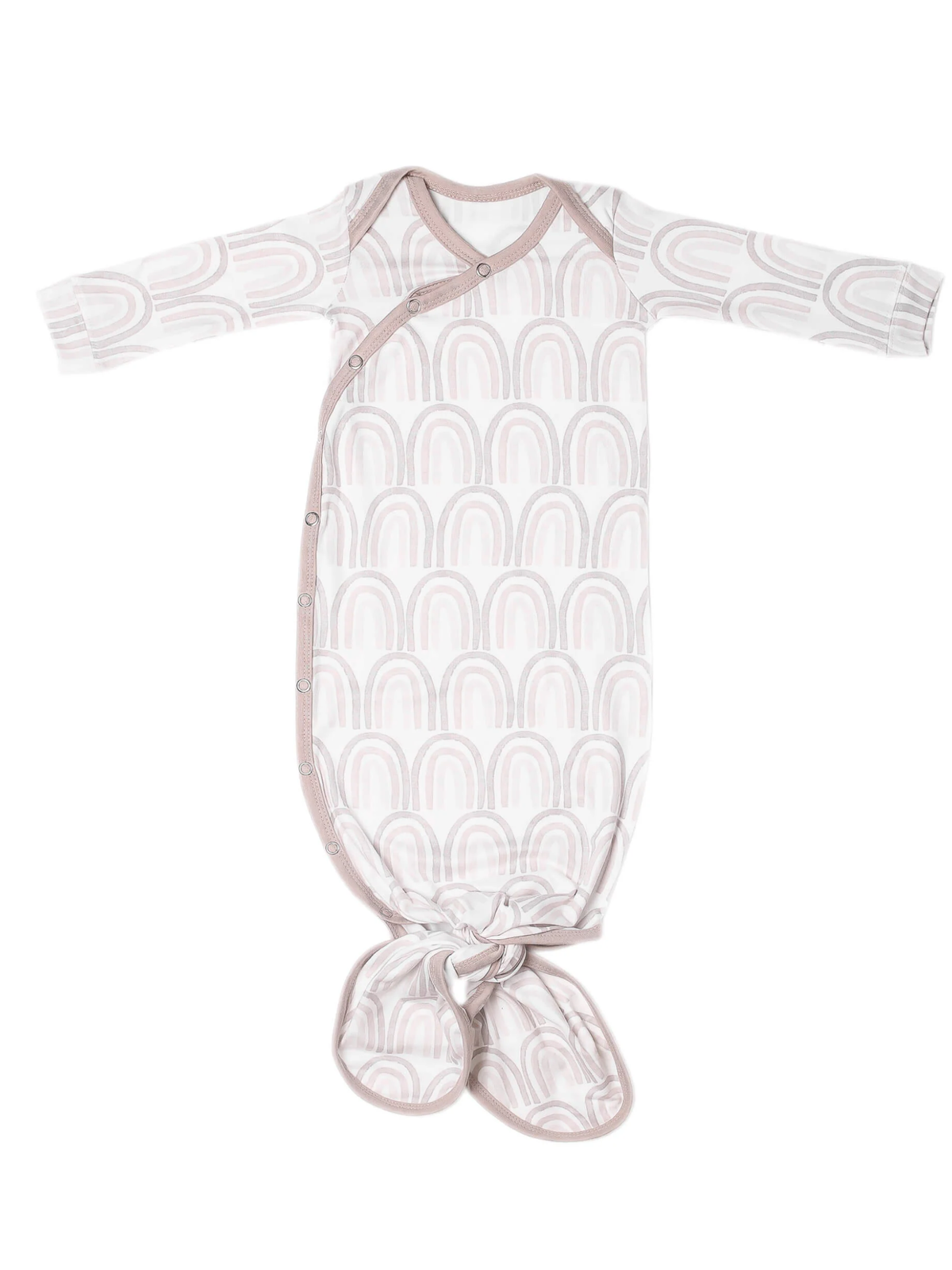 Copper Pearl newborn knotted gown, white with blush rainbow print, long sleeves