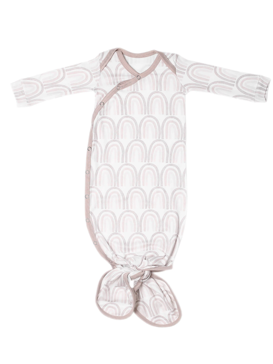 Copper Pearl newborn knotted gown, white with blush rainbow print, long sleeves