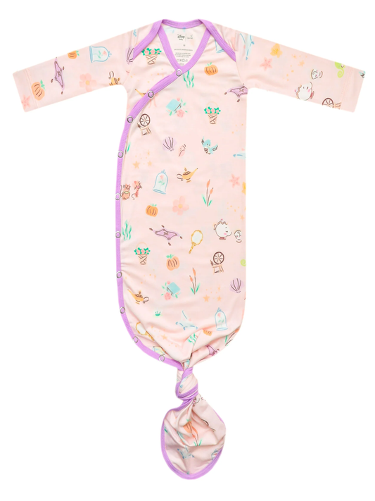 Pink Disney princess knotted newborn gown with purple trim and colorful icon print