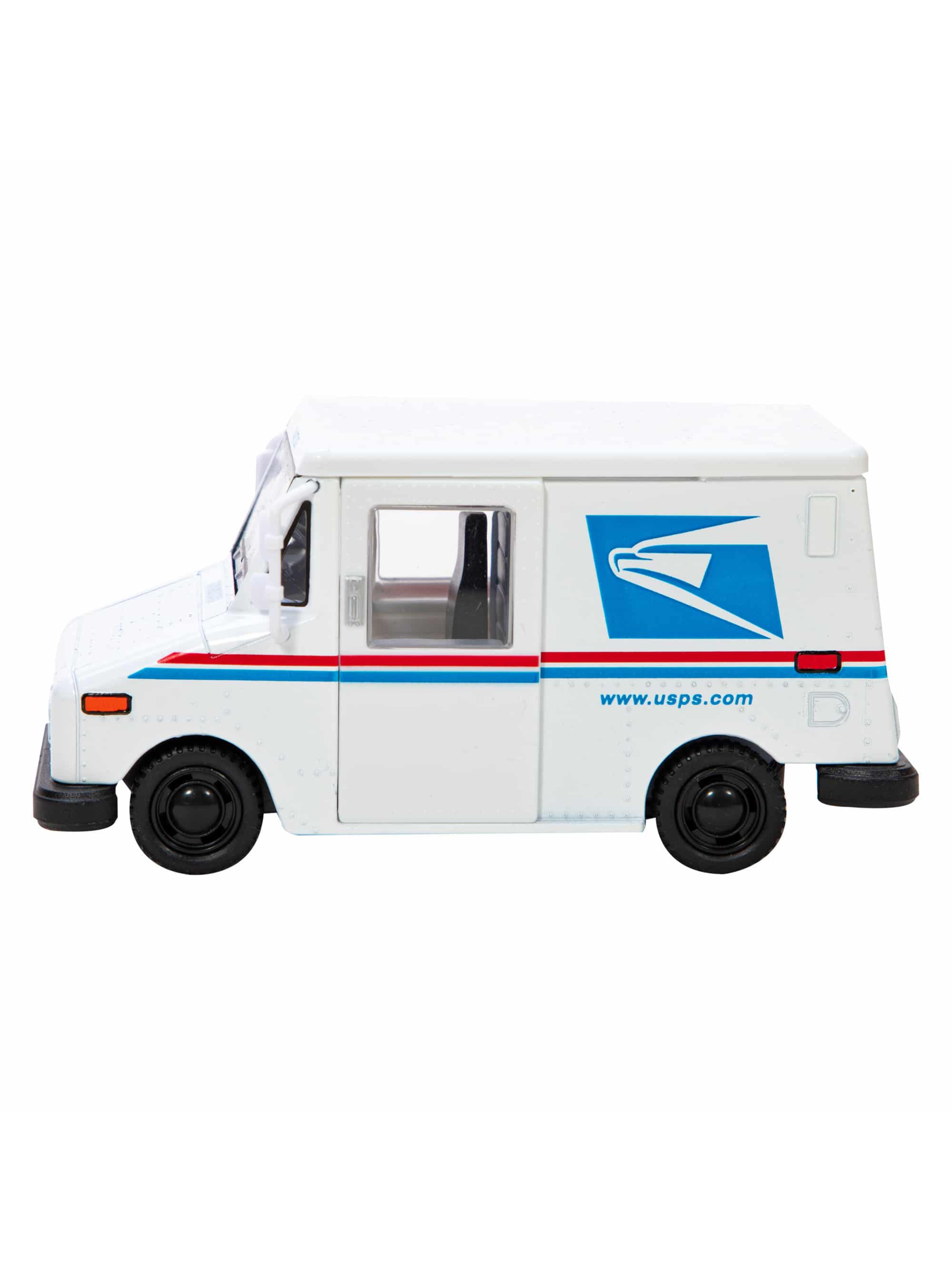 White diecast mail truck toy with red and blue stripes and postal logo