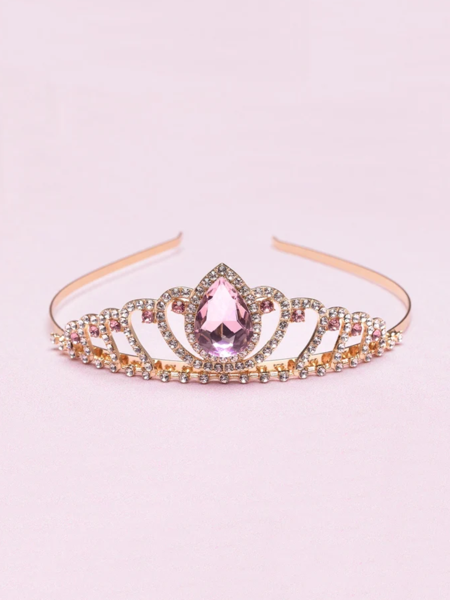 Rose gold tiara headband with pink teardrop gem and rhinestone details