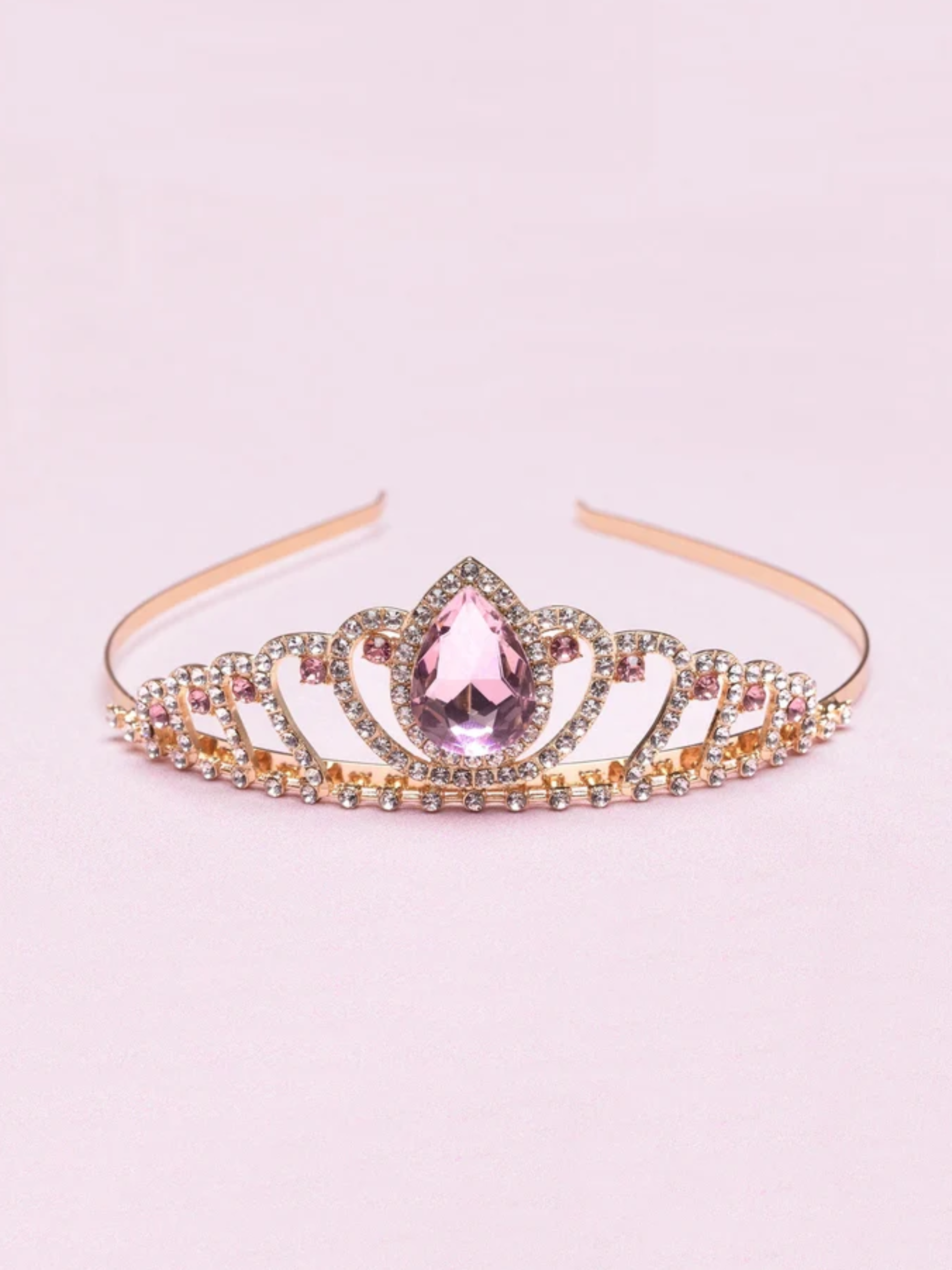 Rose gold tiara headband with pink teardrop gem and rhinestone details