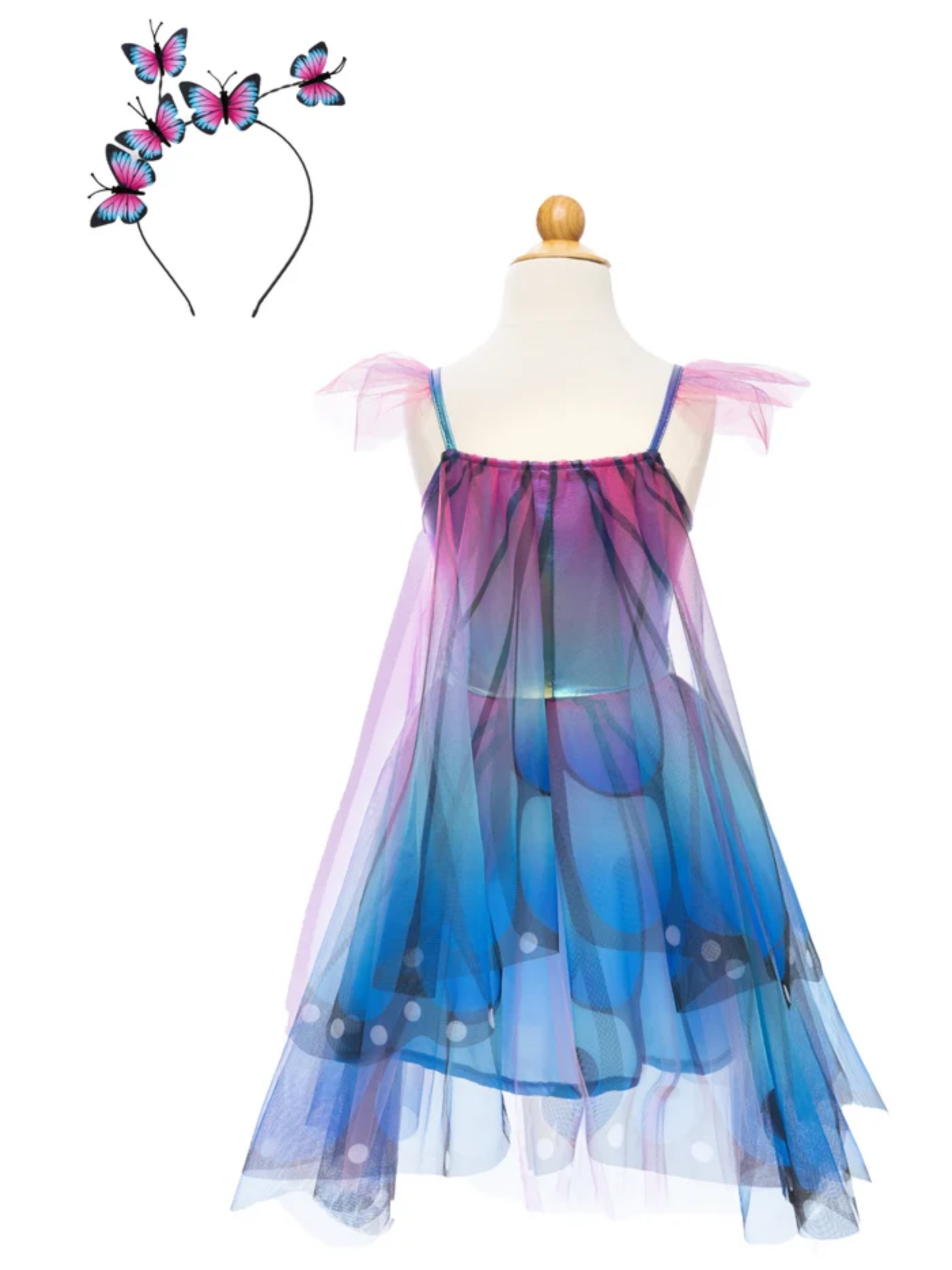 Blue and purple butterfly tulle dress with wings and butterfly headband set