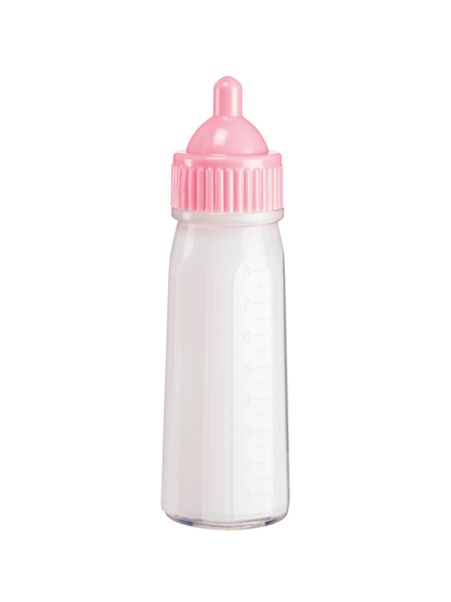 Clear plastic baby bottle with pink nipple and cap, filled with white liquid
