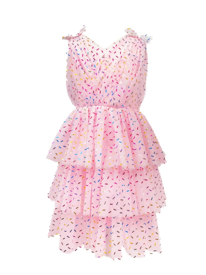 Pink tiered tulle dress with colorful sprinkle confetti pattern and V-neckline