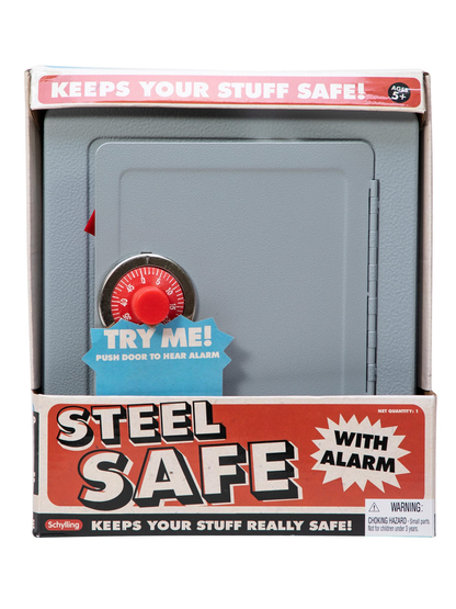 Gray steel toy safe with red combination dial lock, in retail box
