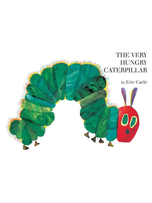 Children's board book cover featuring a colorful illustrated green caterpillar with red head
