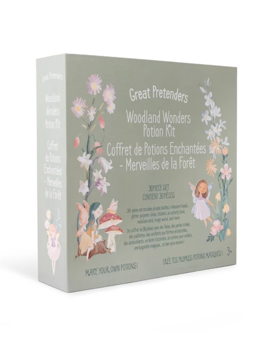 Sage green boxed fairy potion kit with floral and mushroom illustrations, 30-piece set