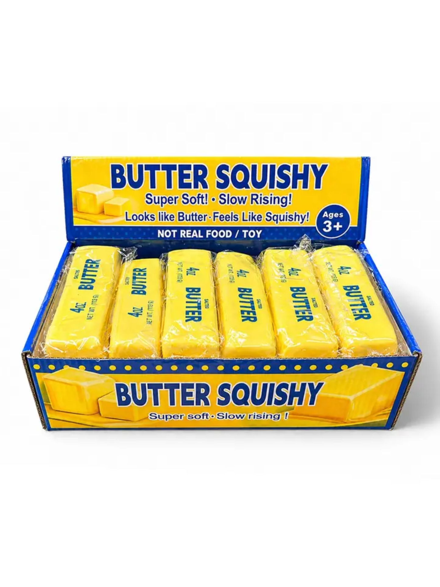 Yellow slow-rising butter stick squishy toys displayed in open retail box, six pieces