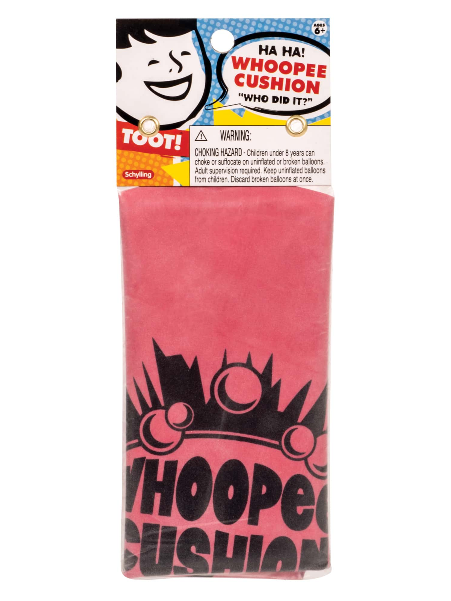 Pink whoopee cushion in retro comic-style packaging with bold black lettering