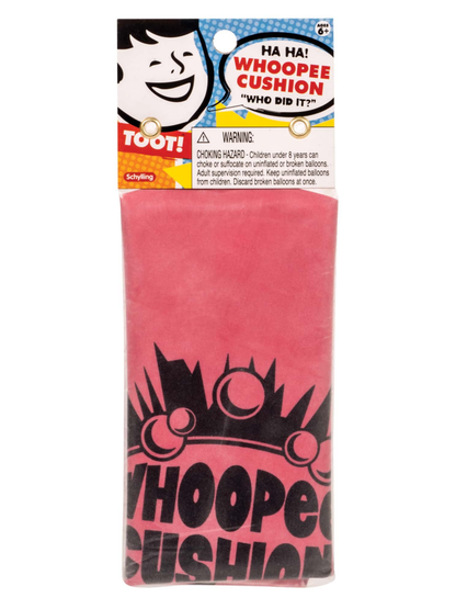 Pink whoopee cushion in retro comic-style packaging with bold black lettering