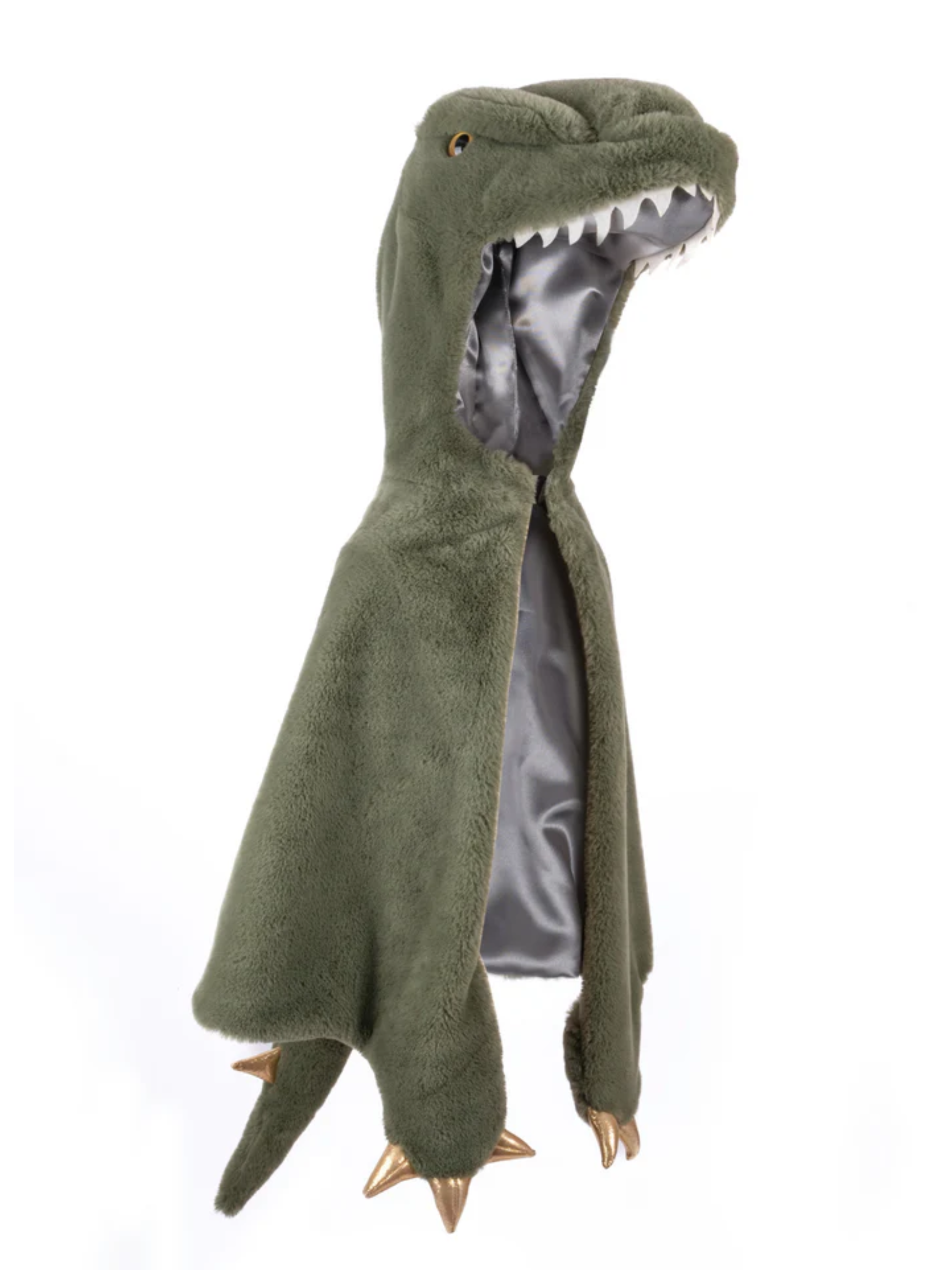 Green plush T-rex dinosaur cape with hood, silver lining, and gold claws