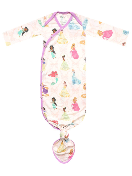 Disney Princess newborn knotted gown, white with purple trim and allover princess print