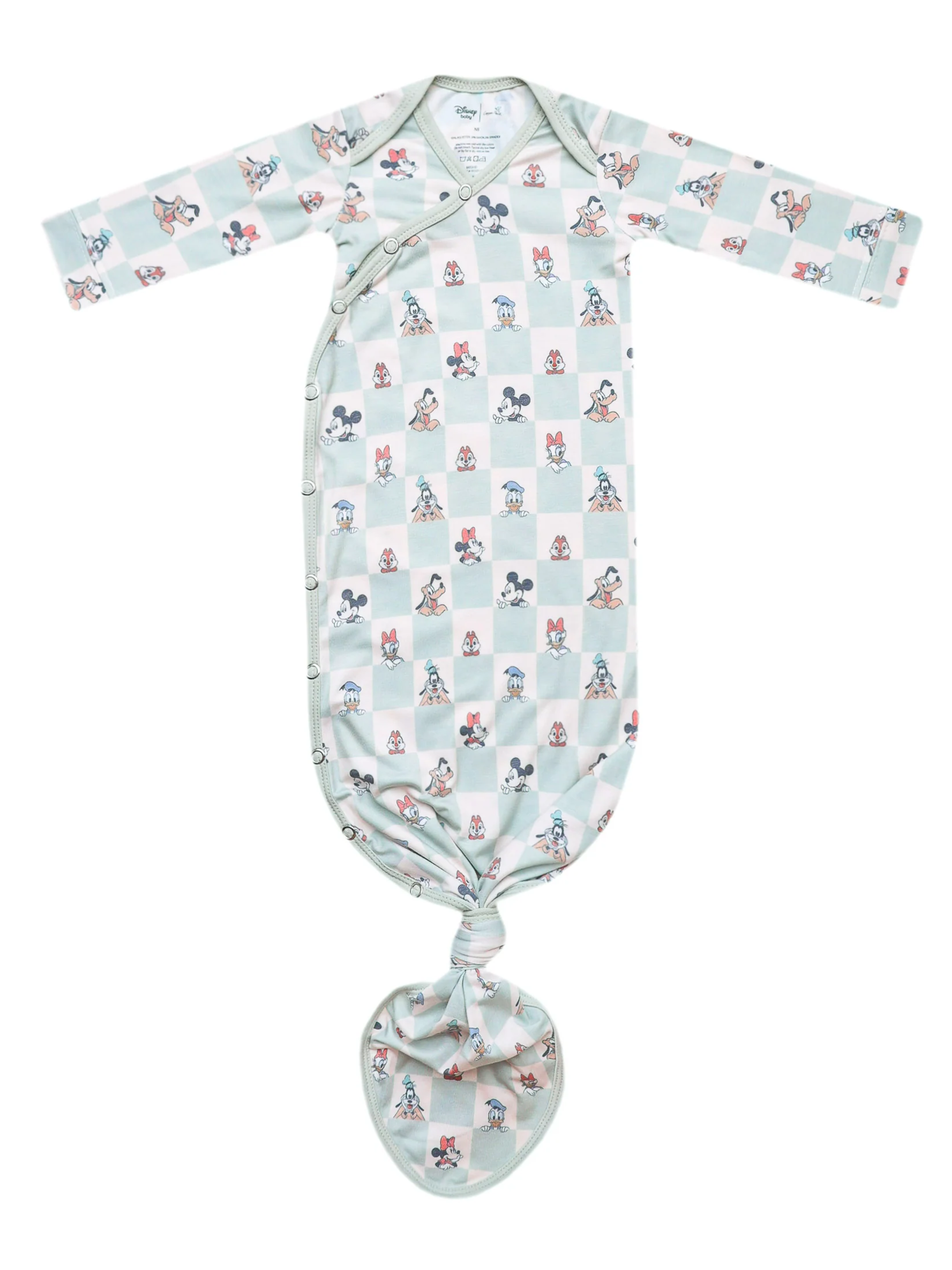 Mint checkered baby knotted gown with Disney Mickey Mouse and friends print