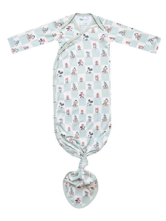 Mint checkered baby knotted gown with Disney Mickey Mouse and friends print