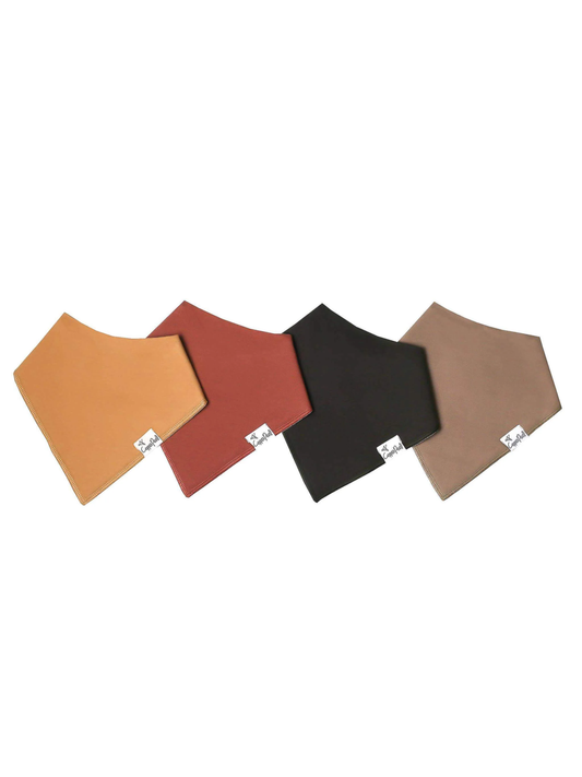 Copper Pearl bandana bibs in four earth tones: amber, rust, black, and taupe
