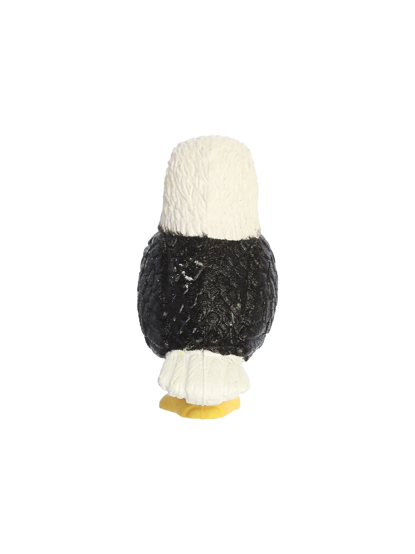 Small bald eagle figurine toy, black body, white head and tail, yellow feet, rear view