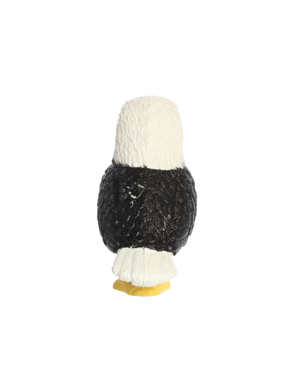 Small bald eagle figurine toy, black body, white head and tail, yellow feet, rear view