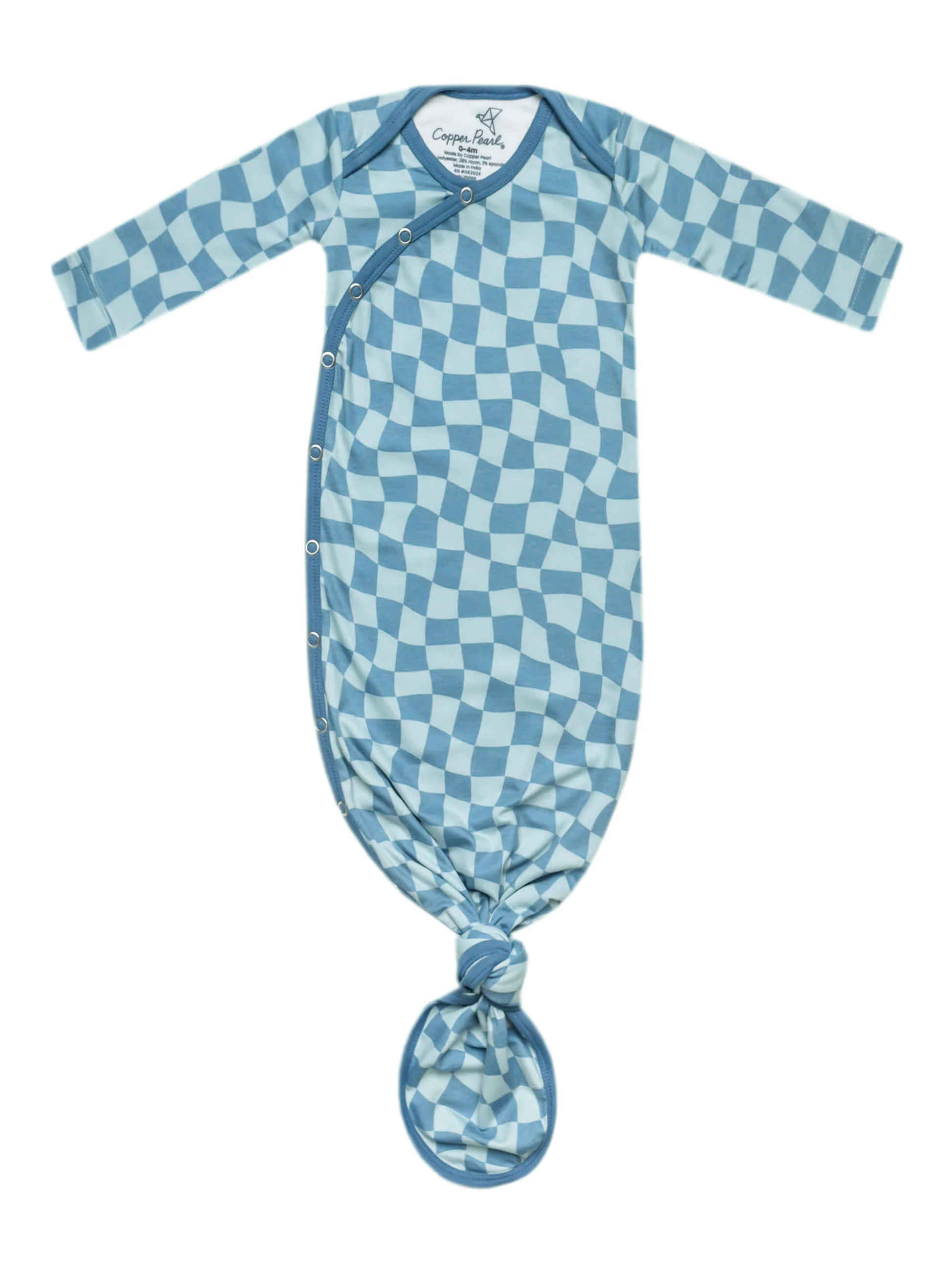 Copper Pearl newborn knotted gown in blue wavy checkerboard pattern with snap closure