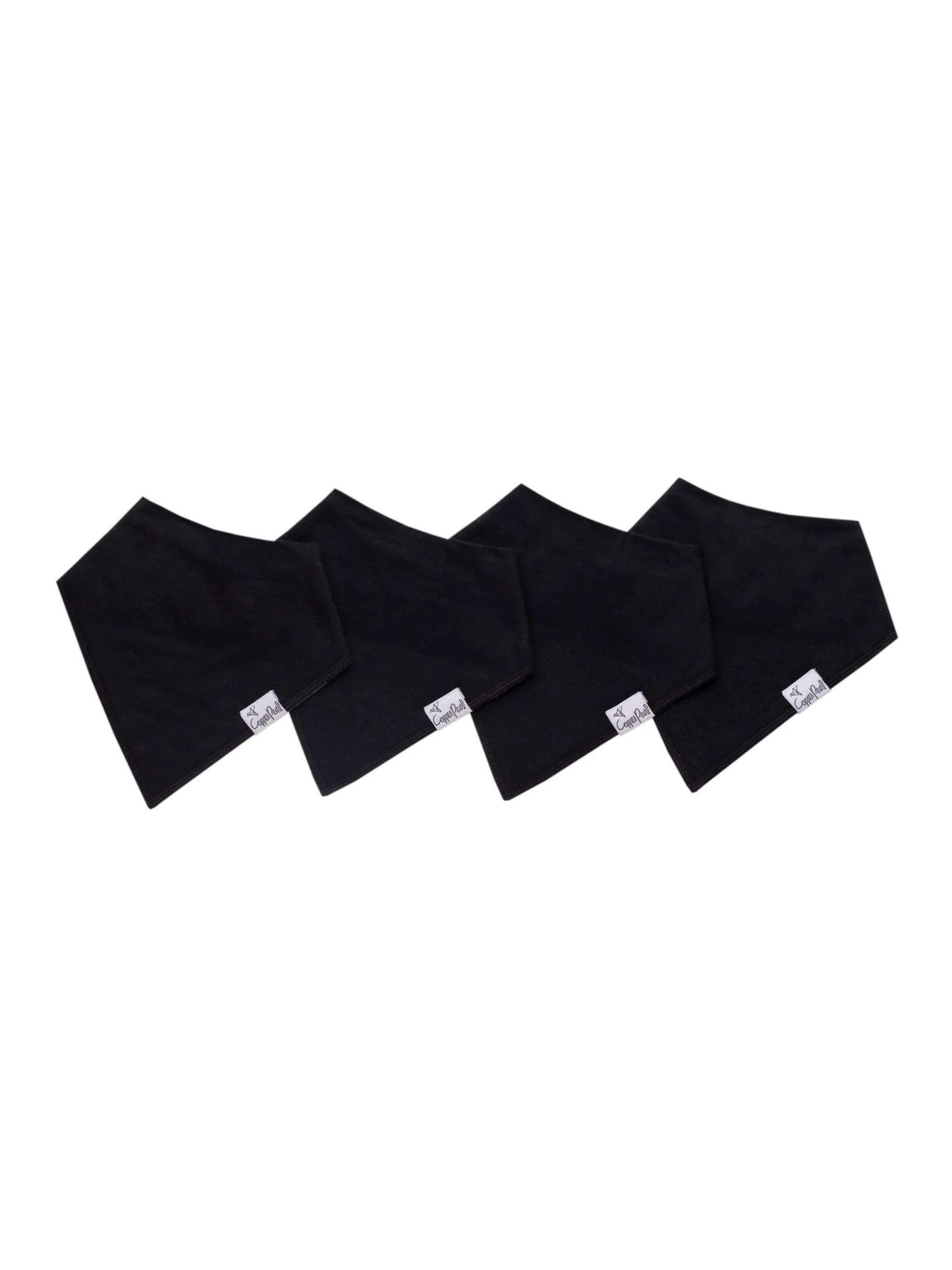 Four solid black bandana bibs by Copper Pearl arranged in a overlapping row