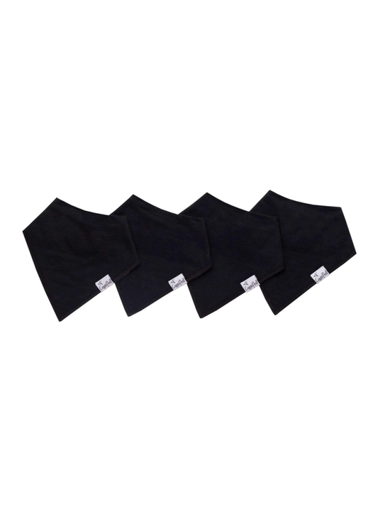 Four solid black bandana bibs by Copper Pearl arranged in a overlapping row