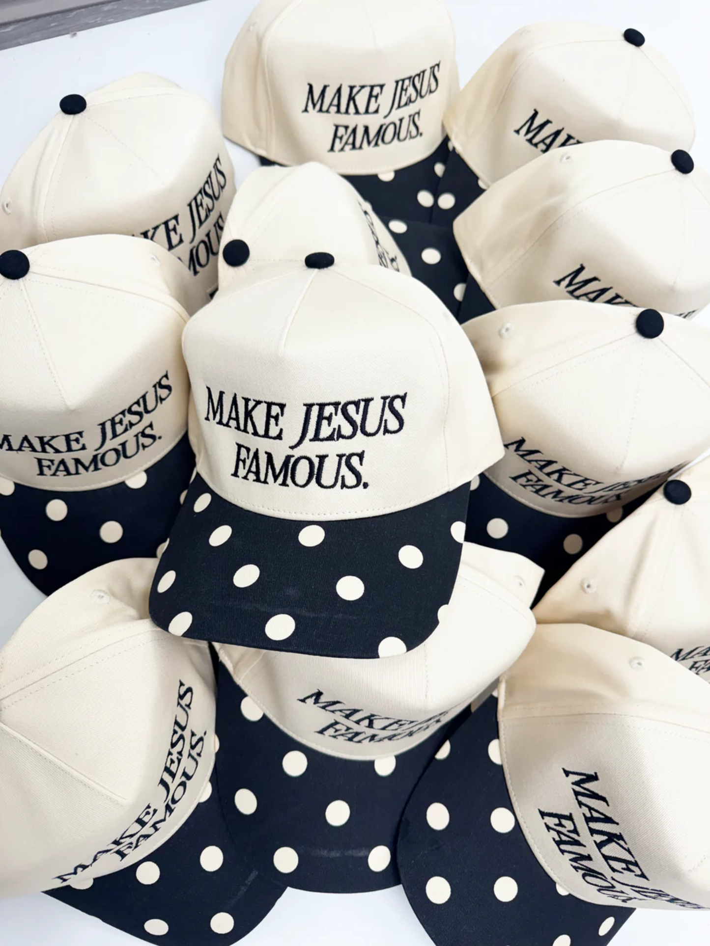 MAKE JESUS FAMOUS POLKA DOT TRUCKER HAT