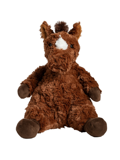 Brown plush pony stuffed animal with white blaze, dark mane, and round hooves