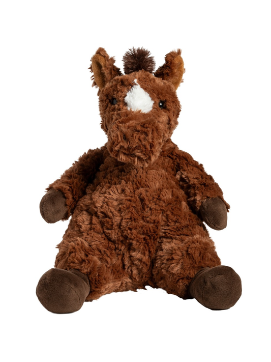 Brown plush pony stuffed animal with white blaze, dark mane, and round hooves