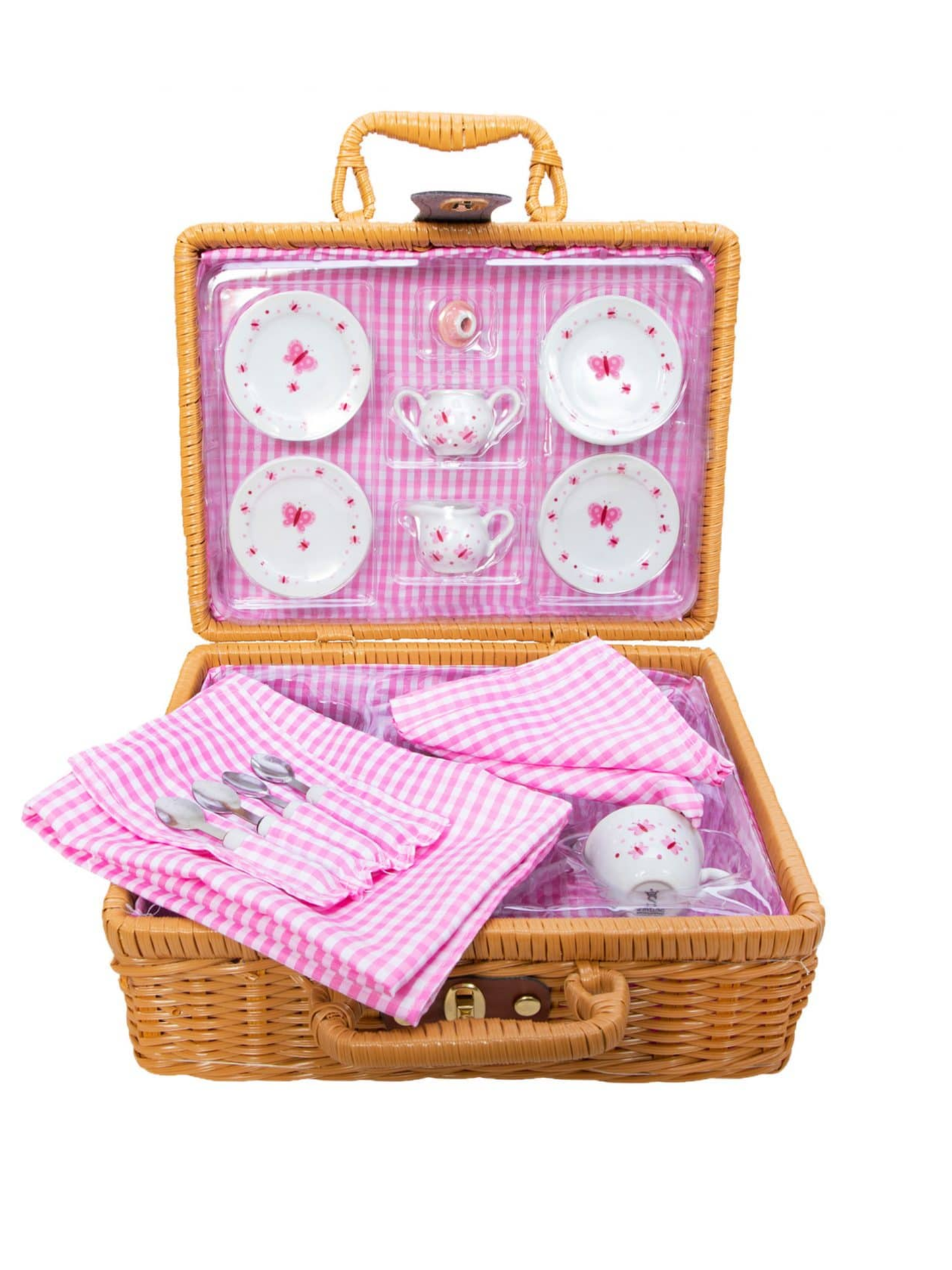 Wicker basket tea set with pink gingham lining, butterfly porcelain cups, saucers, and napkins