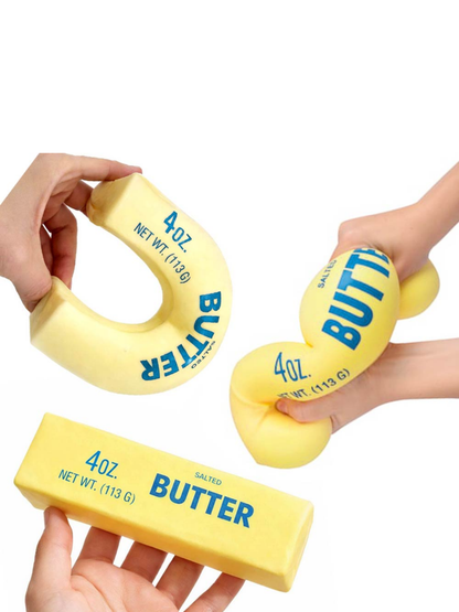 Yellow butter stick squishy toy shown flat, bent into ring, and twisted shapes
