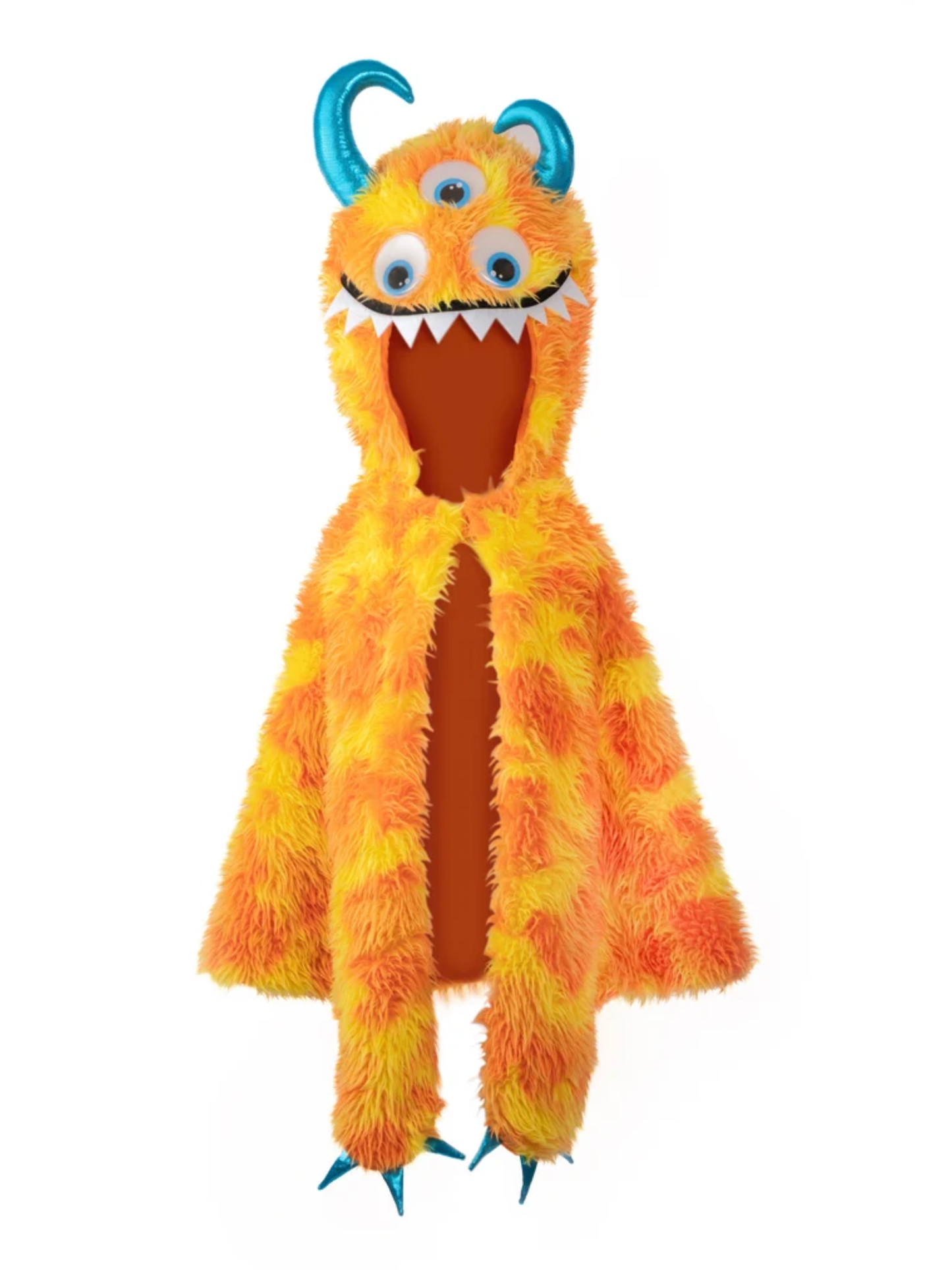 Orange fuzzy monster cape with blue horns, three eyes, claws, and white teeth