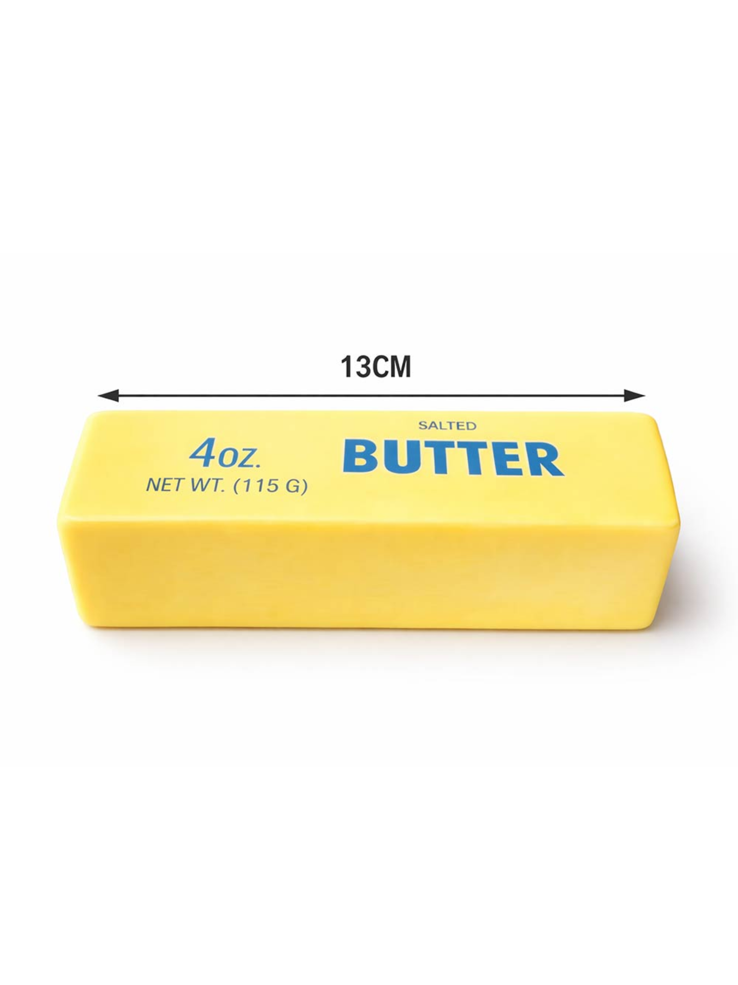 Yellow butter stick squishy toy, 13cm long, shaped like salted butter block