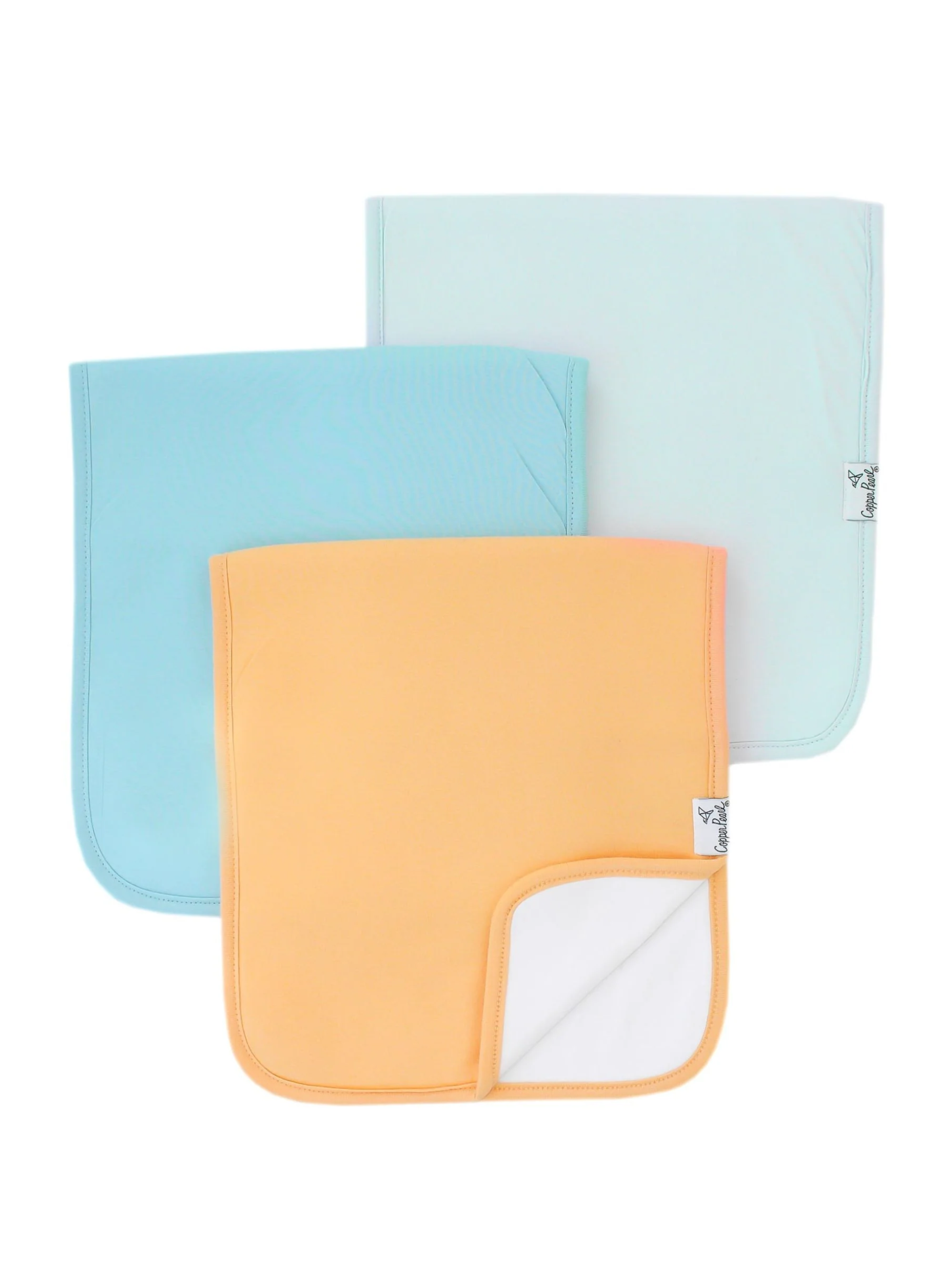 Copper Pearl Bennie burp cloth set of three in peach, blue, and mint