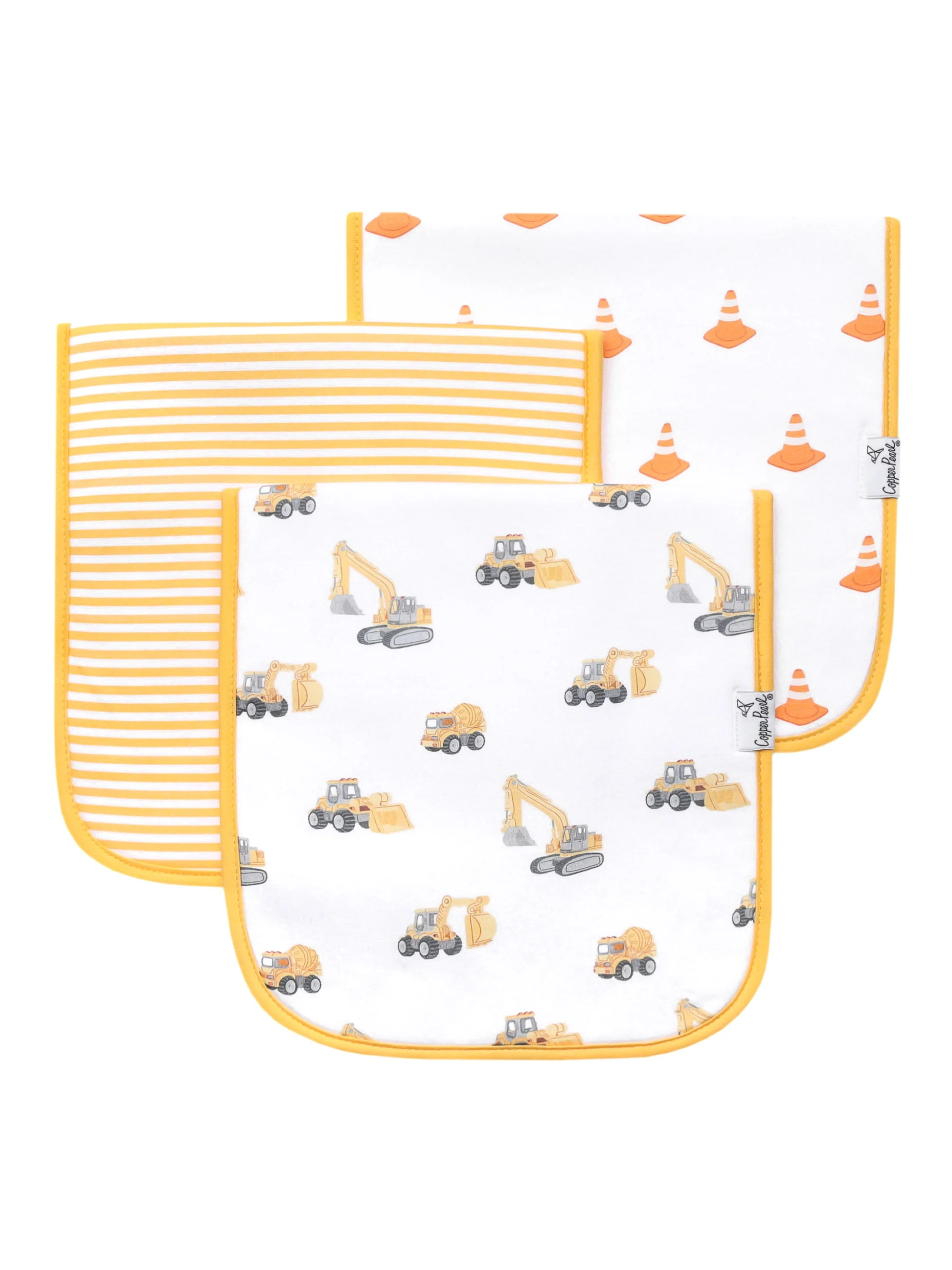 Three baby burp cloths with construction trucks, traffic cones, and yellow stripes