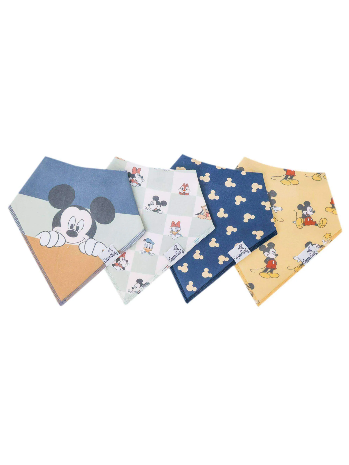 Four bandana bibs with Mickey Mouse and Disney character prints in blue and yellow