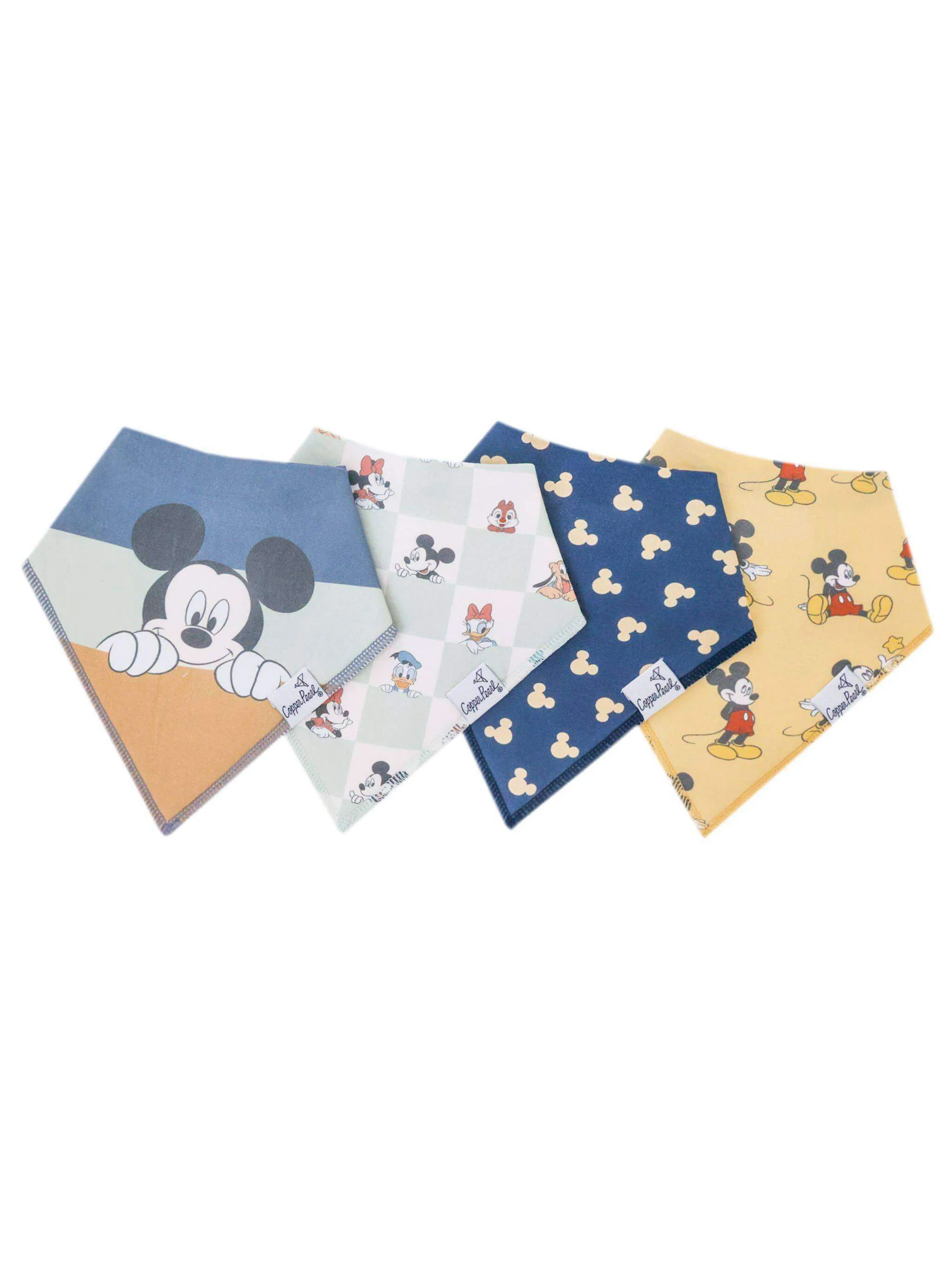 Four bandana bibs with Mickey Mouse and Disney character prints in blue and yellow