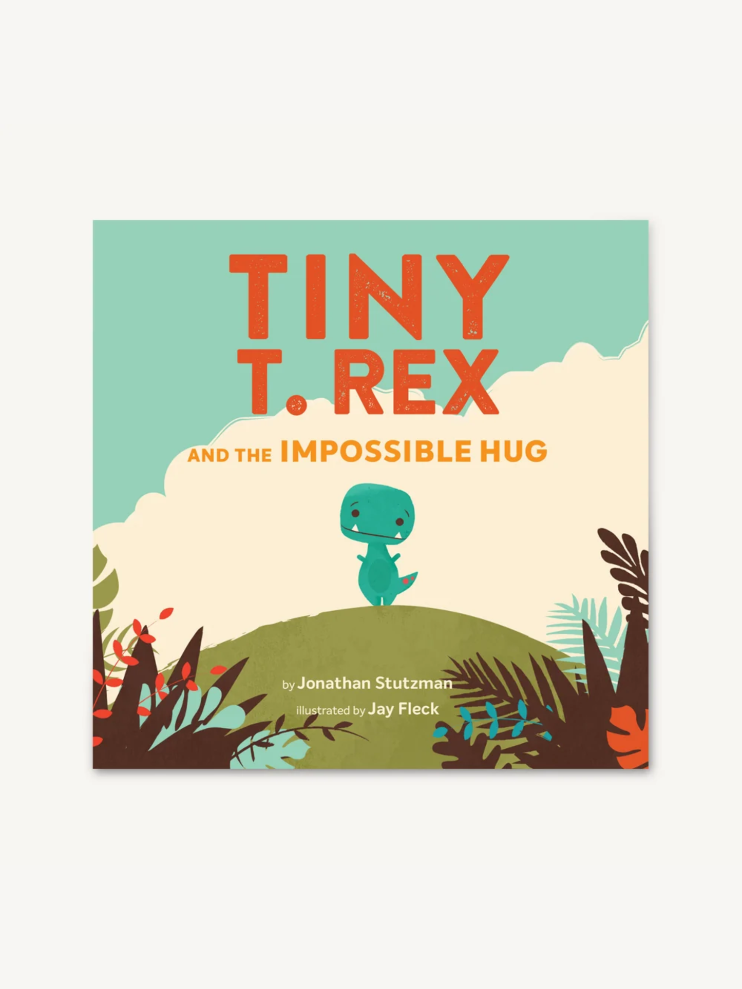 Children's board book cover featuring a small teal dinosaur standing on a green hill