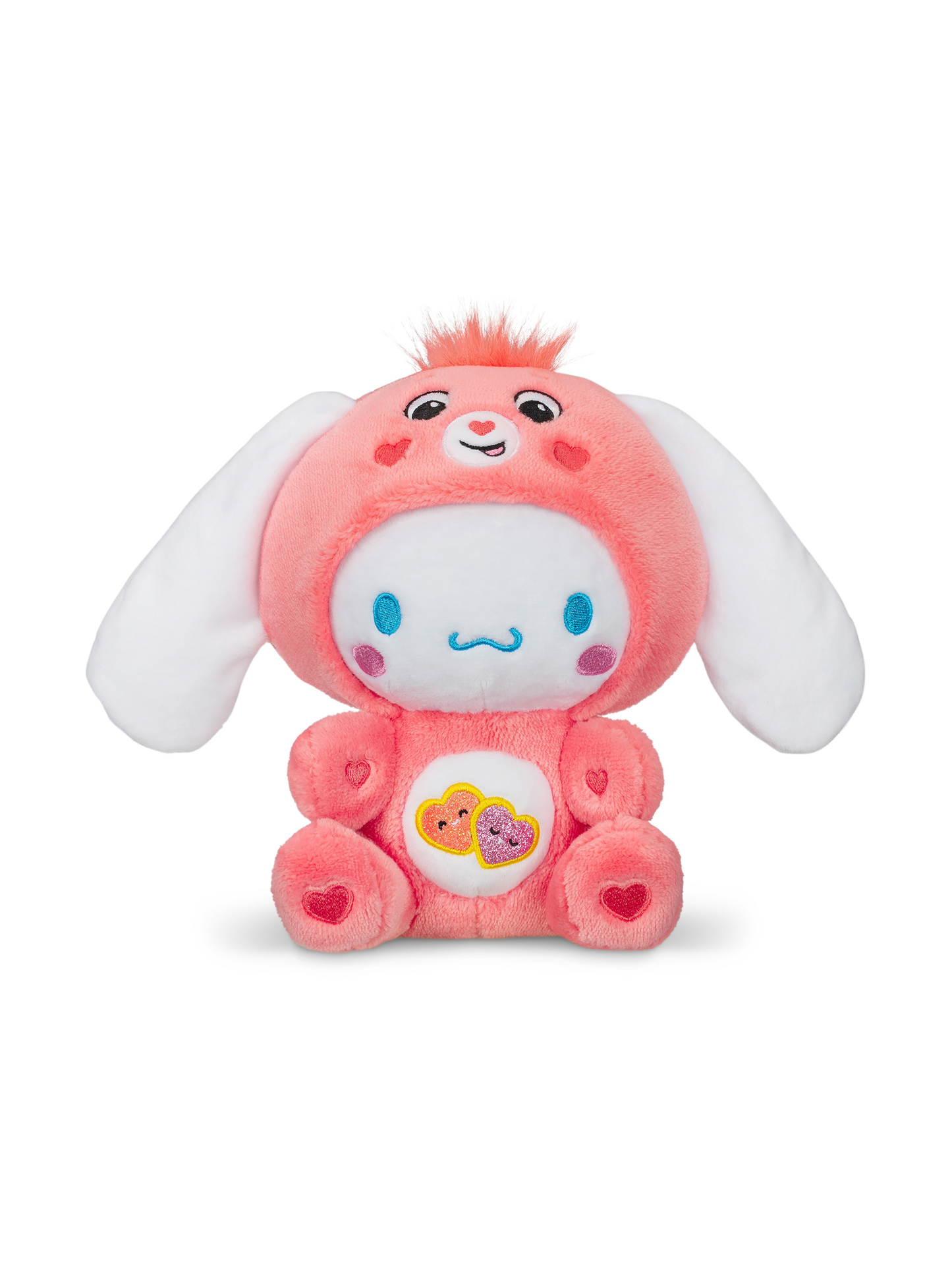 Pink plush bunny wearing a bear hoodie costume with heart embroidery details