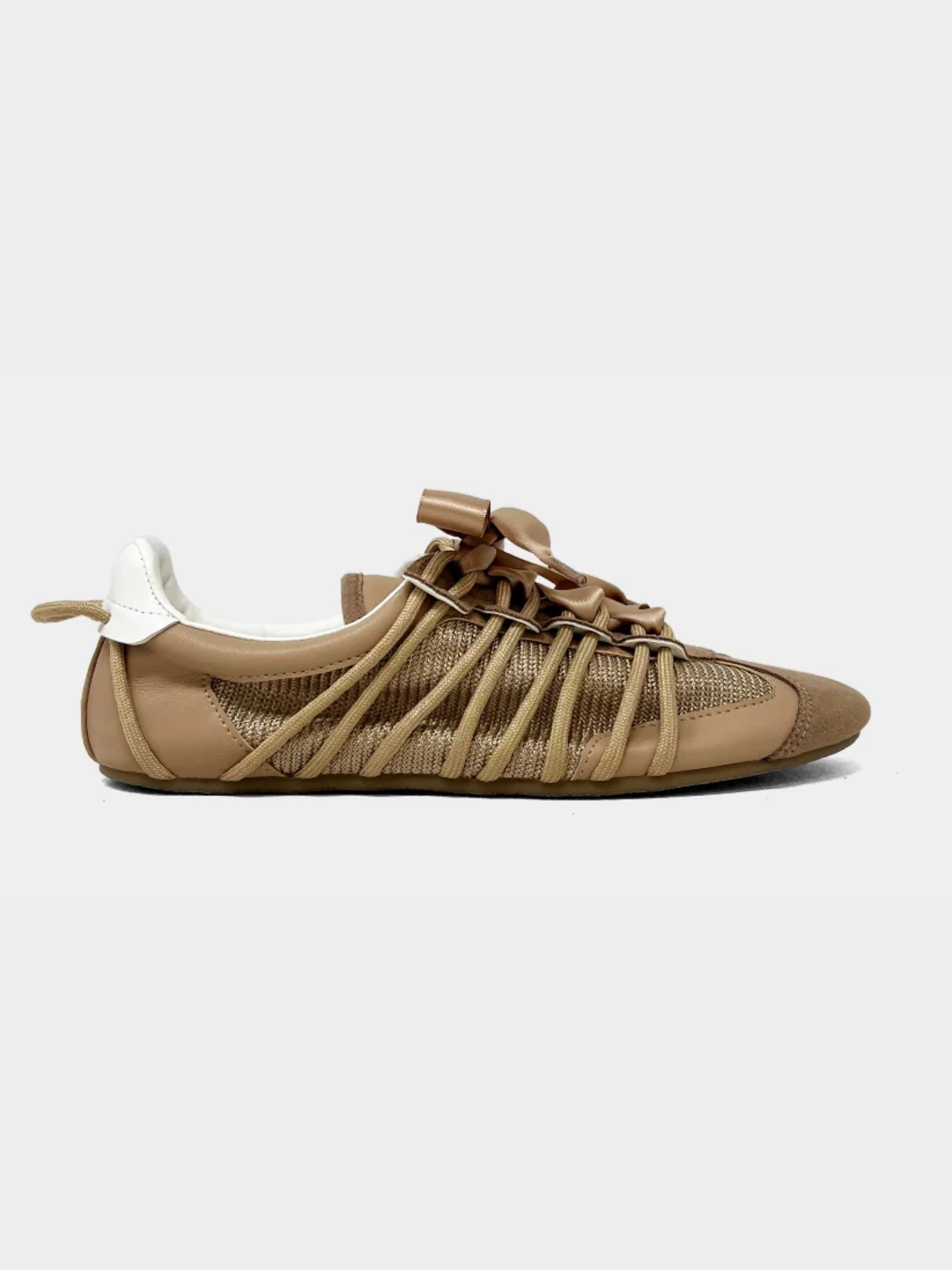 taupe low top mesh ribbon lace up sneaker