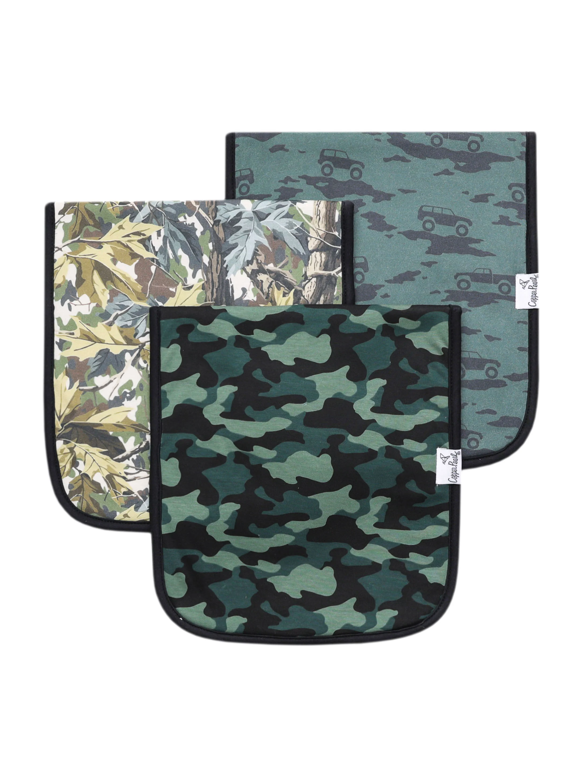 Three camouflage baby burp cloths in green, black, and woodland leaf prints