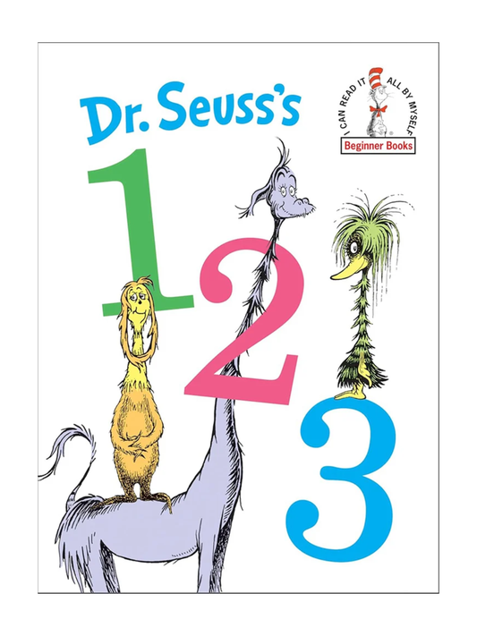 Children's beginner book cover with colorful 123 numbers and whimsical cartoon creatures