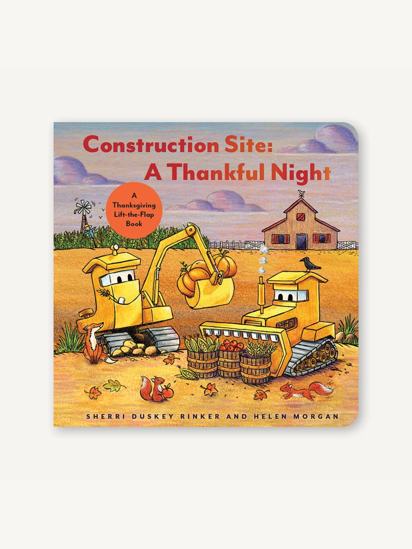 Board book cover with cartoon yellow construction vehicles harvesting fall crops on a farm